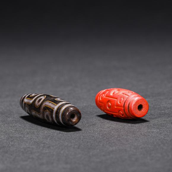 九眼天珠两枚朱砂错金