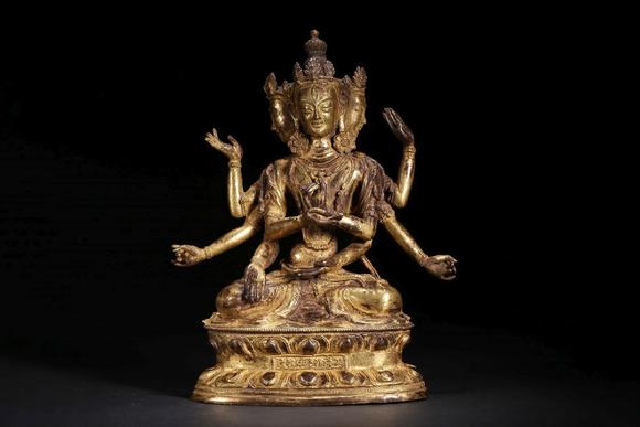 清铜鎏金三面八臂观音坐像giltbronzecasteightarmsavalokiteshvara