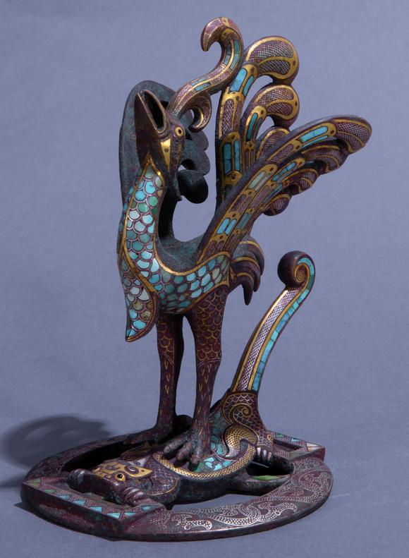 ancientchinesebronzephoenixfigureinlaidwithgold中国古代青铜错金