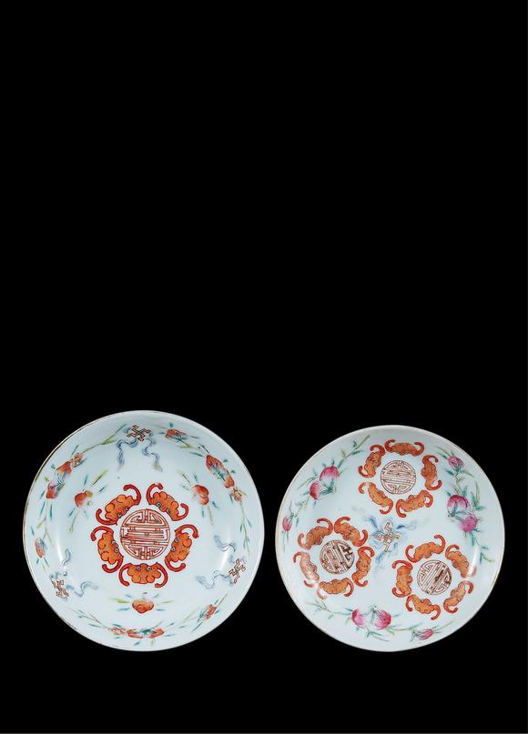 民国先施公司款粉彩五福捧寿纹小碟一对
