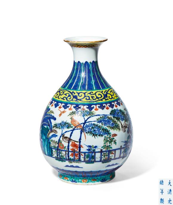 清光绪68青花加彩竹石芭蕉花鸟图玉壶春瓶68