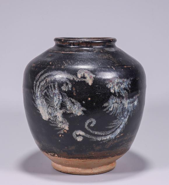 鲁山窑花釉双凤纹罐