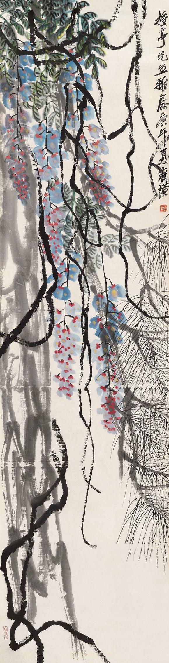 齐白石186419571930年作紫藤松树镜心设色纸本