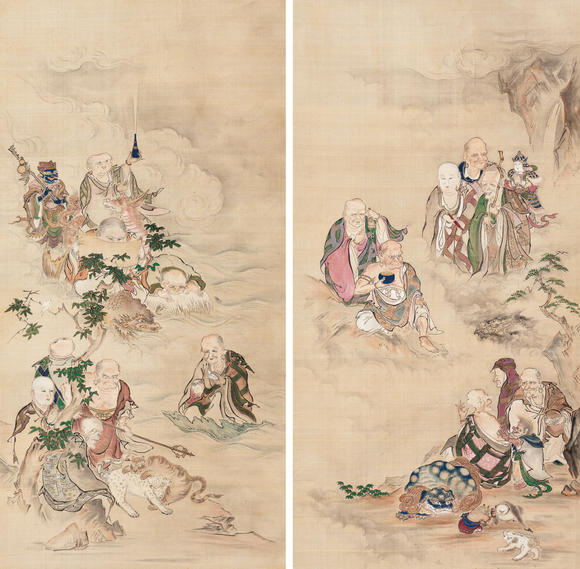 十六罗汉图两幅带原木盒