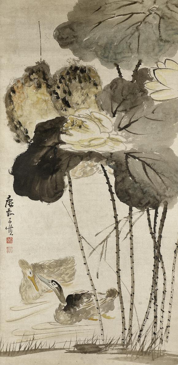 黄慎(款) 荷花双鸭图 立轴 设色纸本