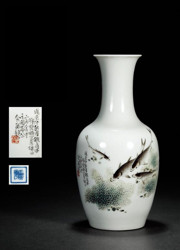 民国·邓碧珊绘粉彩鱼藻图纸槌瓶_民国·邓碧珊绘