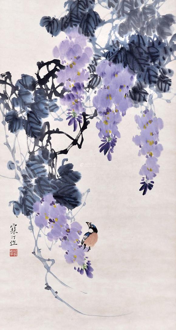 书画艺拍江寒汀 紫藤翠鸟